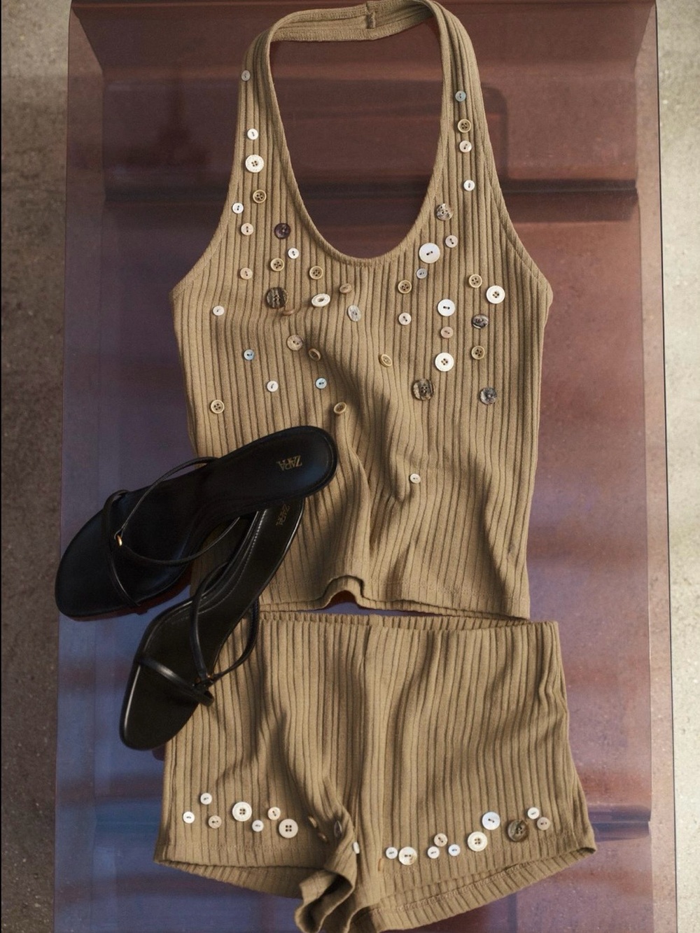 BNWT Zara Olive Green Brown Button Rib Halter Top